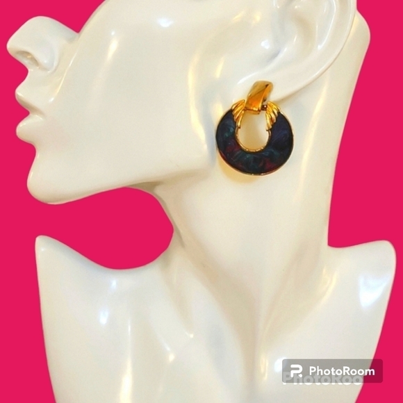 Vintage Jewelry - VTG 1980s hot pink teal marble enamel art deco door knocker Castlecore earrings